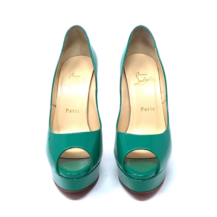 Pre-Owned Christian Louboutin Peep Patent Mint Green Stiletto Heels - UK Size 5 (EU 38)