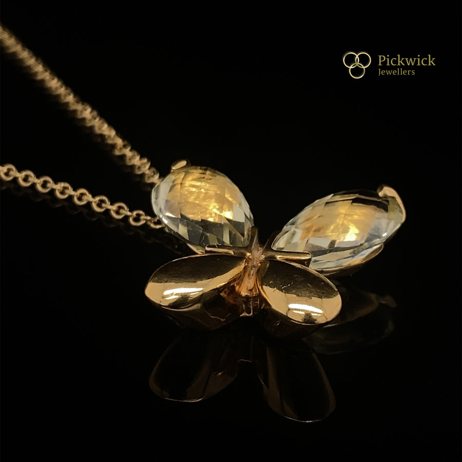 18ct Yellow Gold Pale Green Quartz Butterfly Necklace (18”)