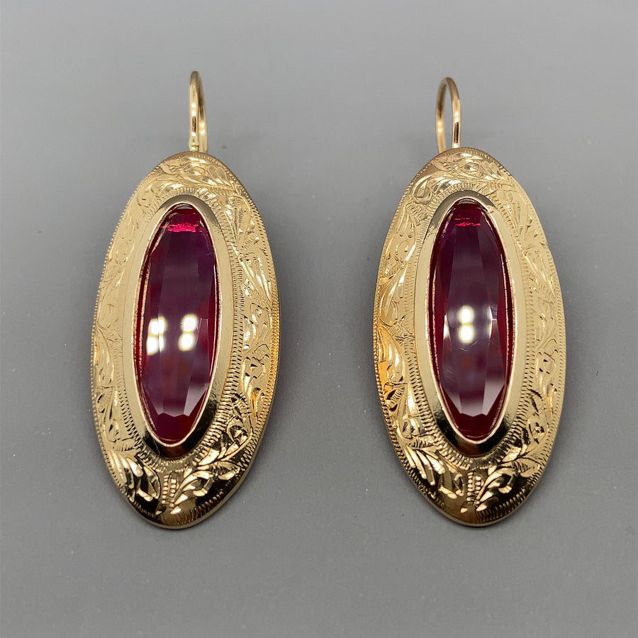 14ct Yellow Gold Red Stone Oval Drop Earrings (NEW!)