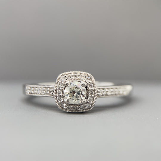 9ct White Gold Diamond Halo Ring (c. 0.30-0.35ct) - Size P (NEW!)