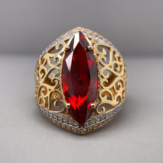 14ct Yellow Gold White and Red Cubic Zirconia Fancy Dress Cut Ring - Size O (NEW!)