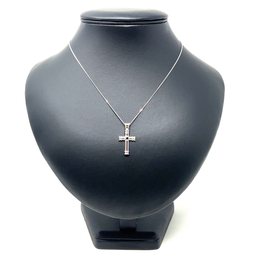 18ct White Gold Theo Fennell Sapphire Cross Pendant and Chain (16")