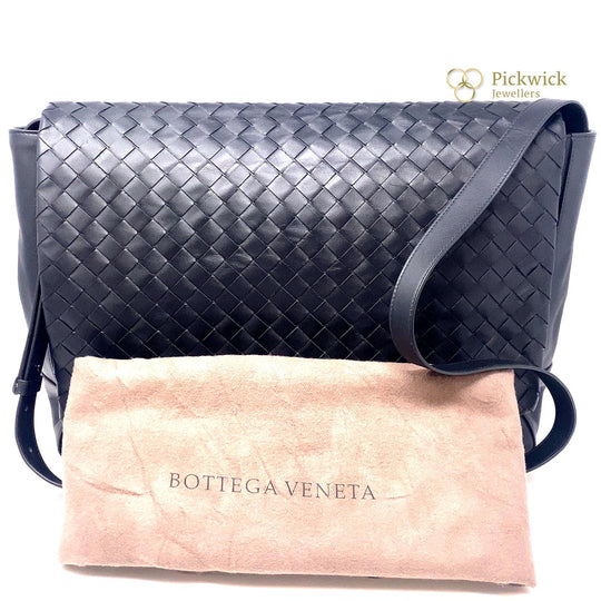 Pre-Owned Bottega Veneta Interacciato Black Nero Leather Messenger Bag