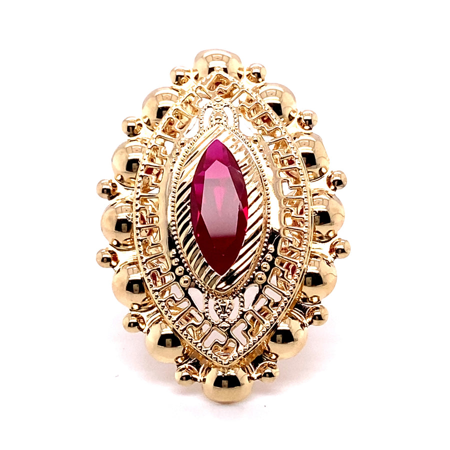 14ct Yellow Gold Fancy Red Stone Ring - Size U