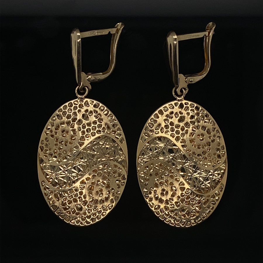 14ct Yellow Gold Patterned Oval Drop Earrings (NEW!)