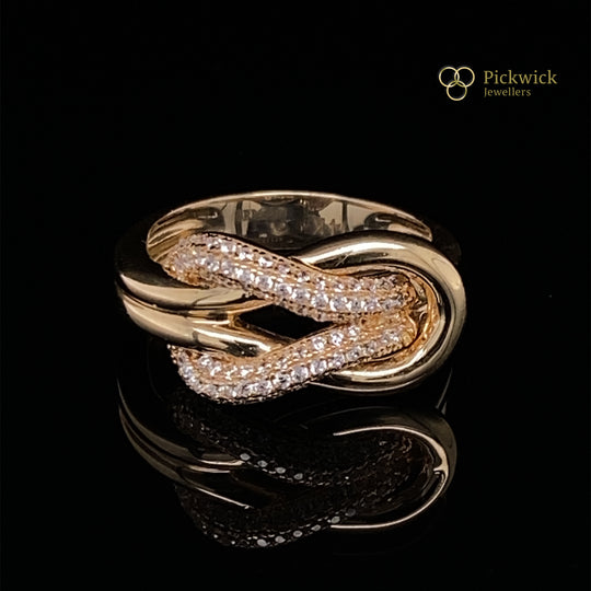 14ct Yellow Gold Cubic Zirconia Double Loop Knot Ring - Size J (NEW!)
