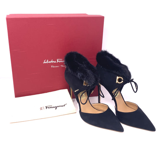 Pre-Owned Salvatore Ferragamo Francesca Black Suede and Mink Fur Heels - UK Size 8