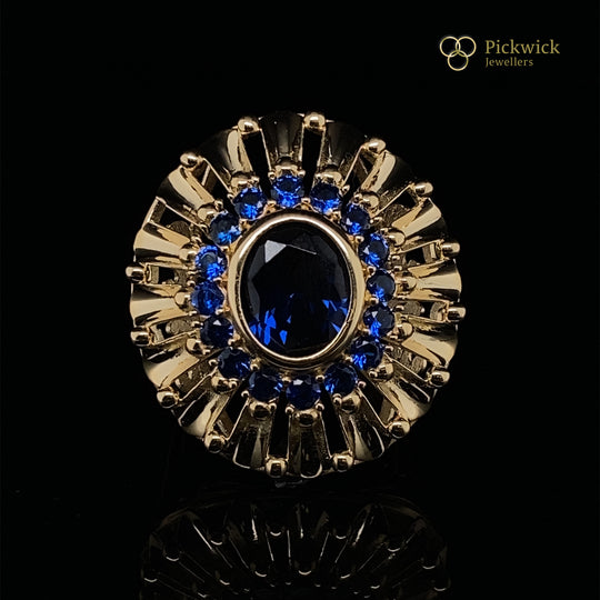 14ct Yellow Gold Fancy Blue Stone Dress Cut Ring - Size P (NEW!)